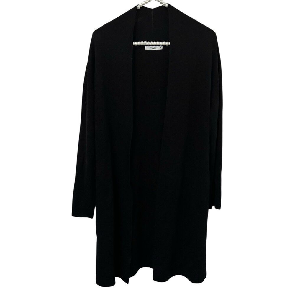 MM Lafleur womens M merino wool long line‎ open front black cardigan sweater